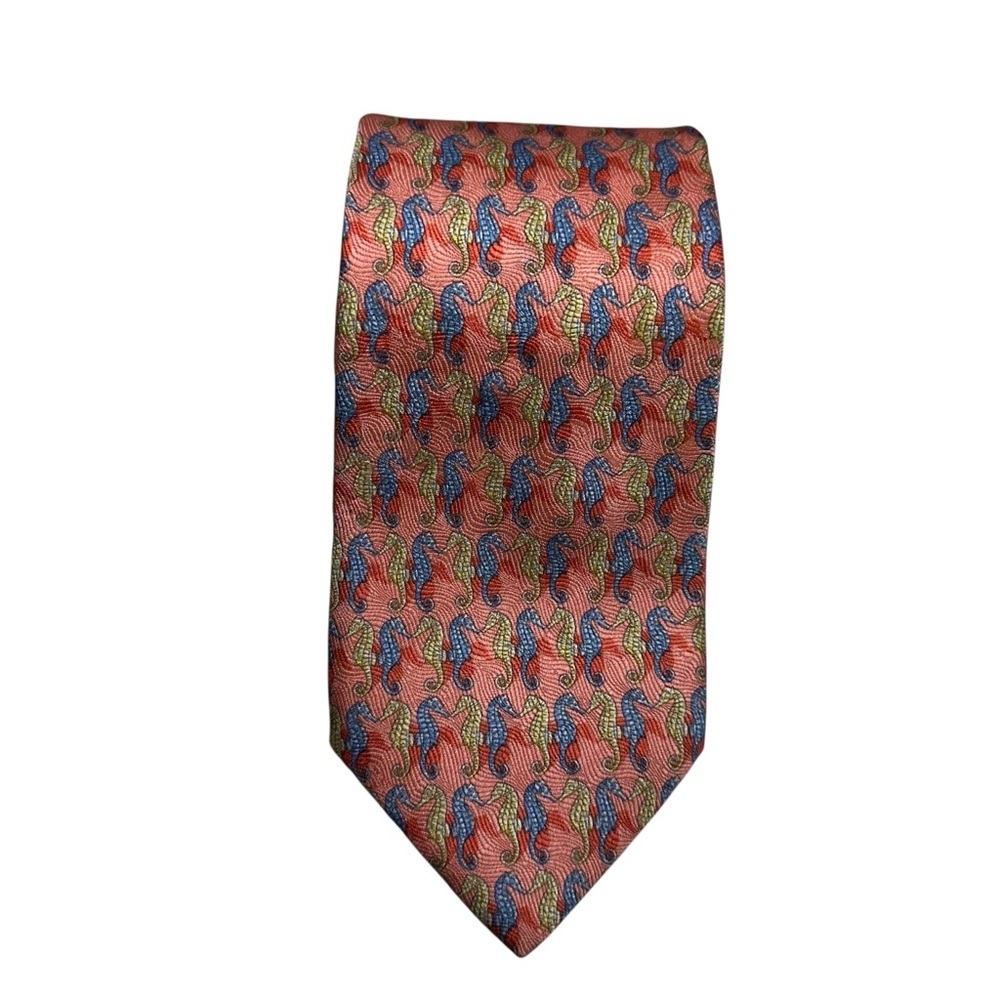 Aquascutum London Blue Green Seahorses on Pink Silk Neck Tie - Picture 2 of 7